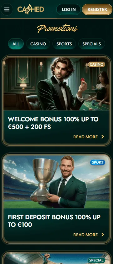 Cashed Casino mobile browser promotions area with bonus offers