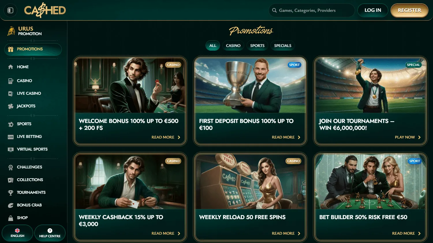 Cashed Casino desktop promotions area with bonus and tournament offers