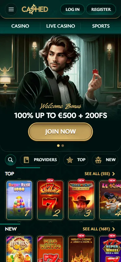Cashed Casino mobile browser home screen on an iOS or Android device