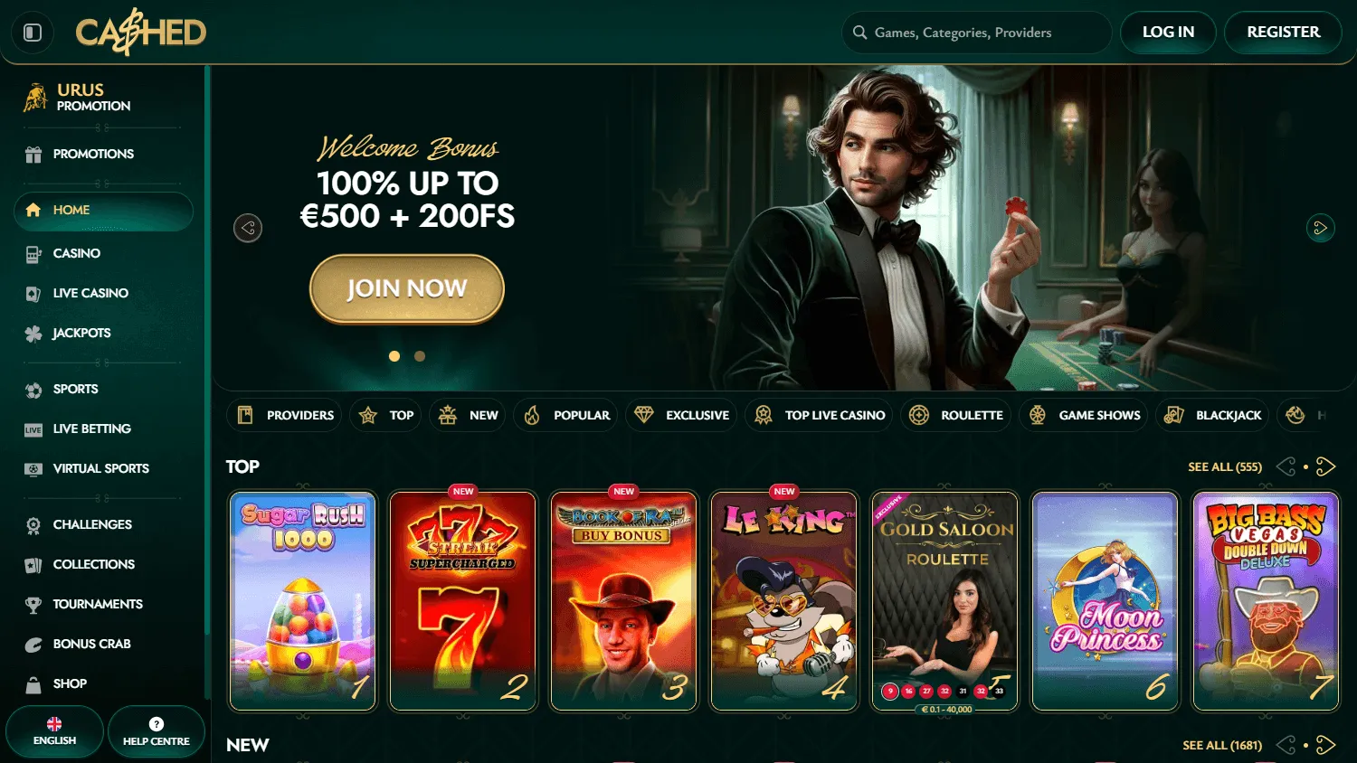 Cashed Casino desktop home screen with casino offers and account options