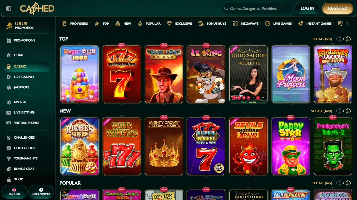 Cashed Casino desktop game selection with pokies and casino categories