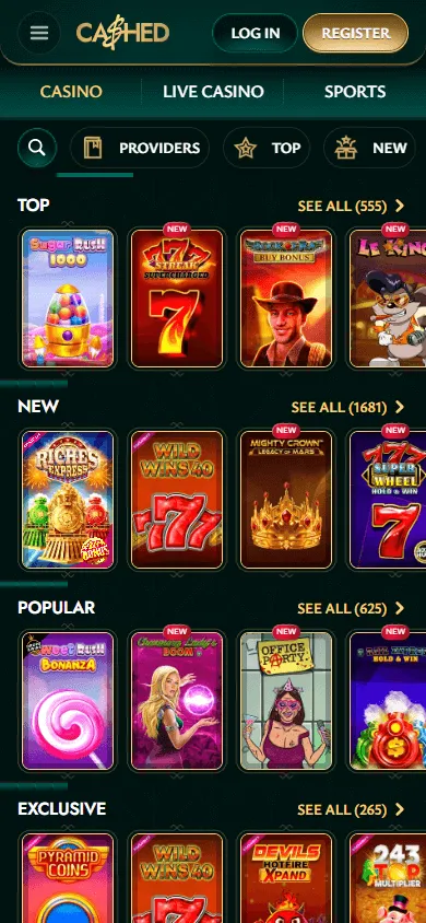 Cashed Casino mobile browser game selection with casino titles